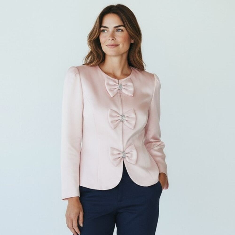 Vintage Leslie Fay Womens 6 Pink Blazer 3 Bow Rhinestone Embellished Jacket